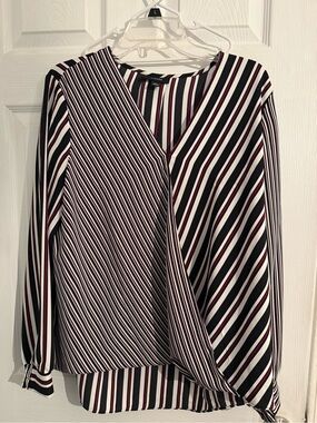 Alfani Striped V-Neck Blouse in Black, White & Burgundy